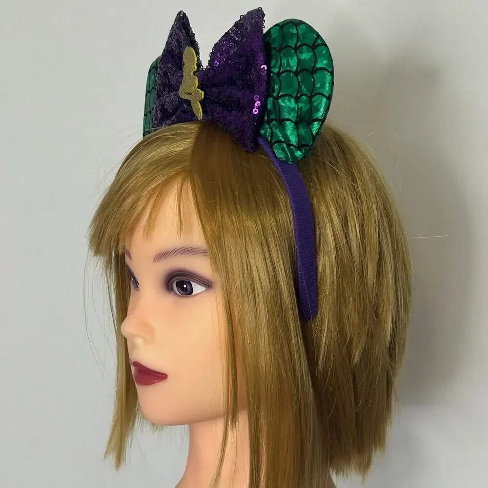 Handmade Halloween Mouse Ears Headband Purple Sequin Bow Spiderweb Ghost